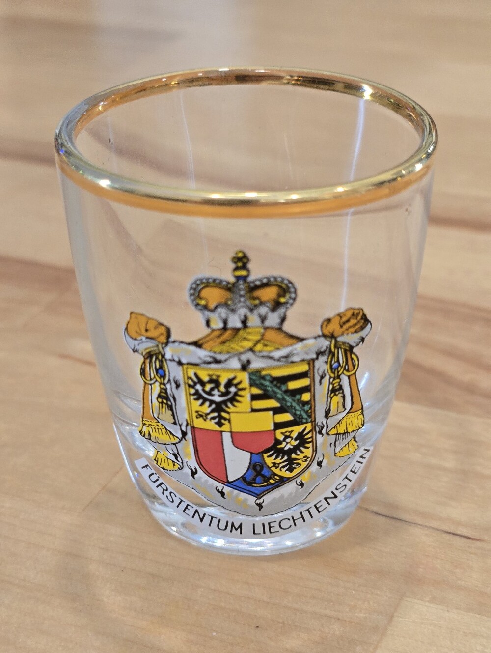 Vintage Liechtenstein Crest Gold-Rim Souvenir Shot Glass With Molded Alpine Base